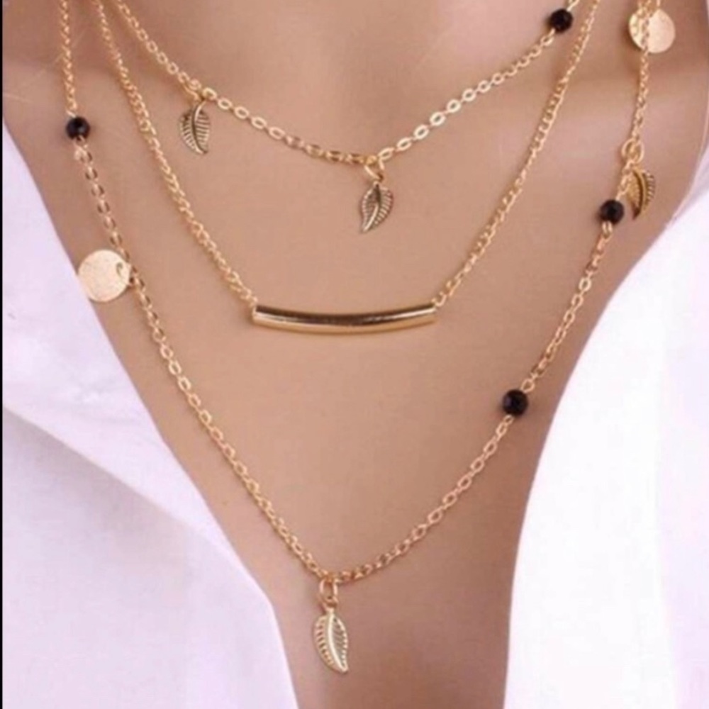 Gold Leaf And Black Beaded Layered Necklace